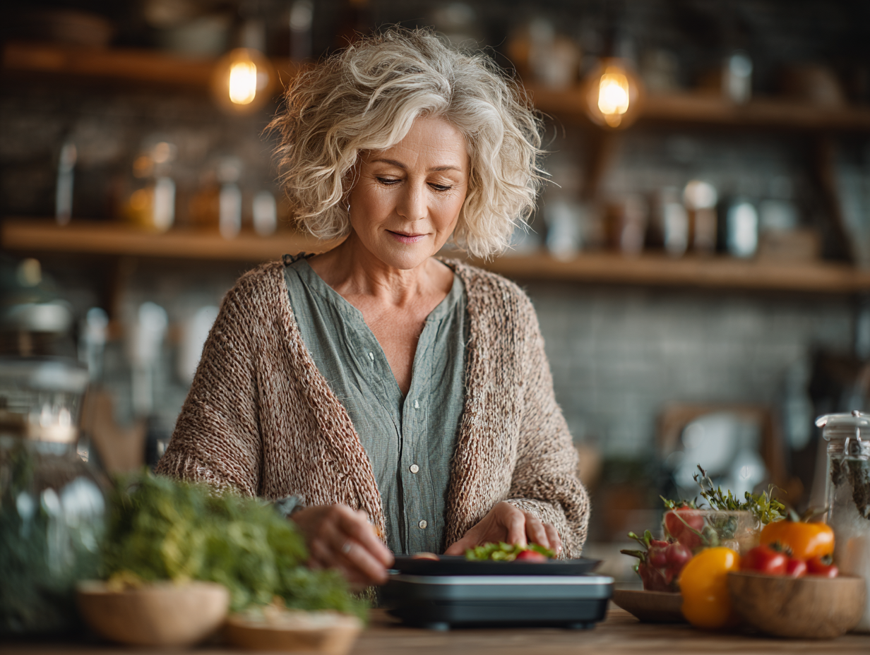 Літня жінка займається йогою на природі